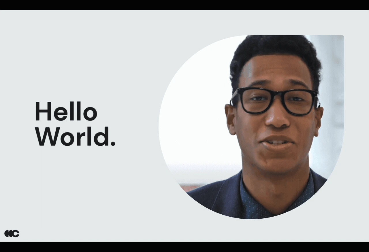 Выступающий в фигурном видеокадре внутри слайда Hello World